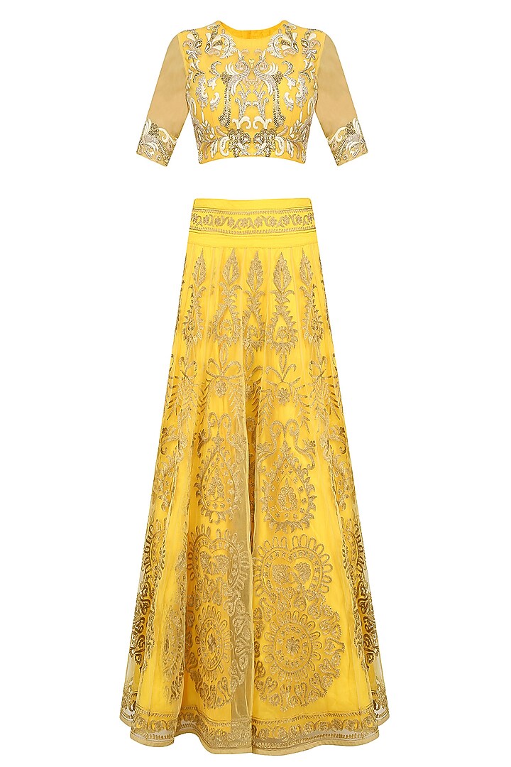 Yellow golden zari embroidered lehenga set available only at Pernia's Pop Up Shop.