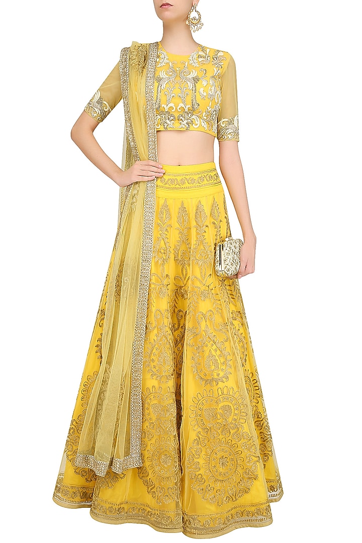 Yellow golden zari embroidered lehenga set available only at Pernia's Pop Up Shop.