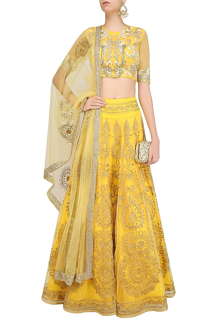 Yellow Zari Embroidered Lehenga Set with Front Slit Peplum Kurta