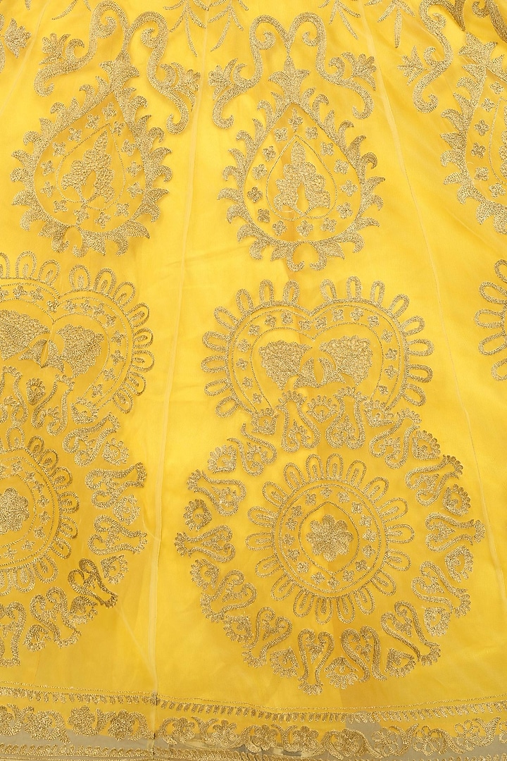 Yellow golden zari embroidered lehenga set available only at Pernia's Pop Up Shop.