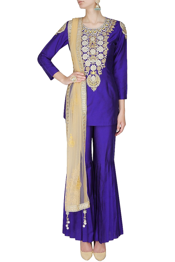 Blue dabka and sequins embroidered motifs short kurta and sharara pants set available only at Pernia's Pop Up Shop.