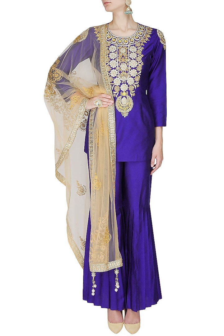 Blue dabka and sequins embroidered motifs short kurta and sharara pants set available only at Pernia's Pop Up Shop.