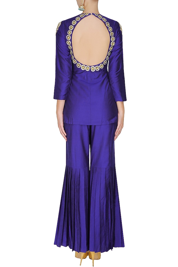 Blue dabka and sequins embroidered motifs short kurta and sharara pants set available only at Pernia's Pop Up Shop.