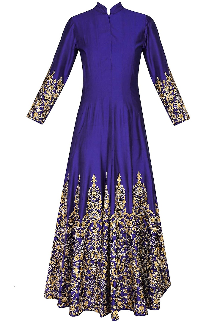 Blue and gold floral embroidered high collared flared anarkali set by Sonali Gupta
