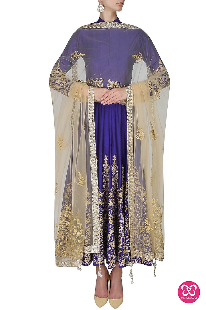 Blue and gold floral embroidered high collared flared anarkali set available only at Pernia's Pop Up Shop.