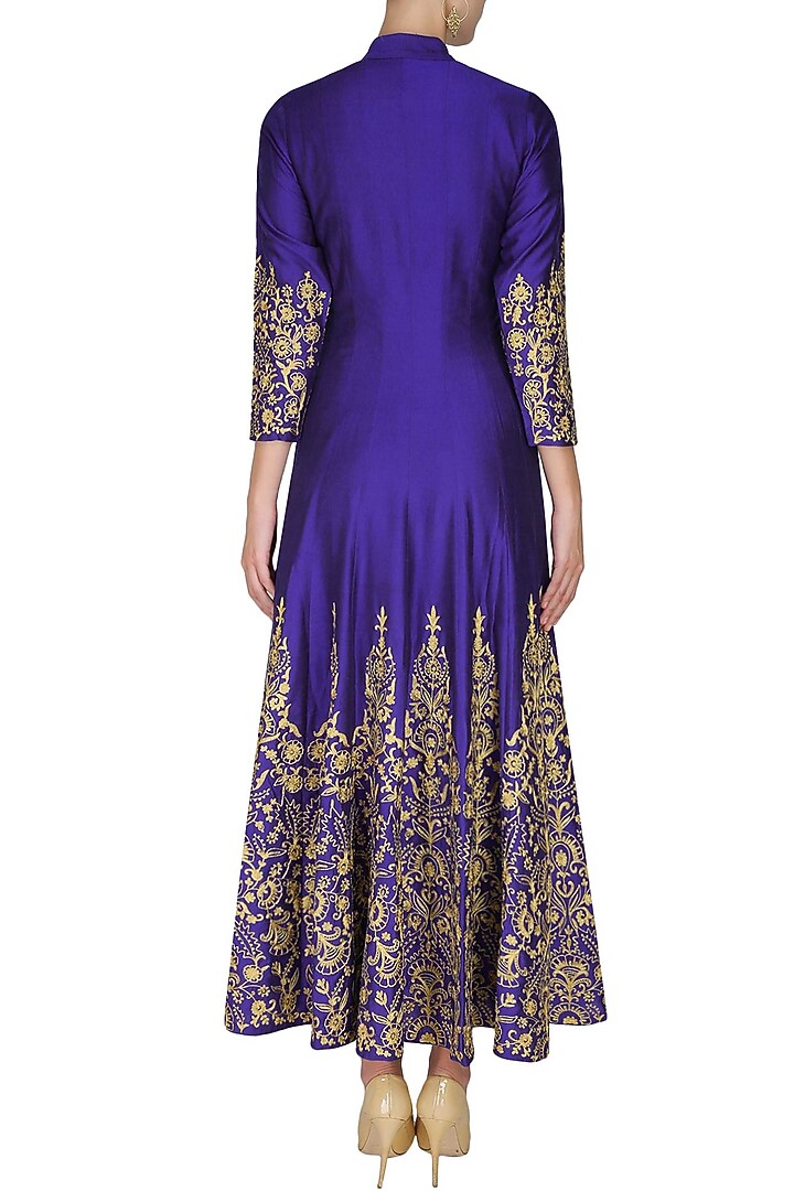Blue and gold floral embroidered high collared flared anarkali set available only at Pernia's Pop Up Shop.