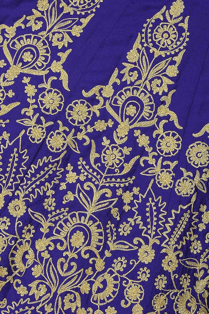 Blue and gold floral embroidered high collared flared anarkali set available only at Pernia's Pop Up Shop.