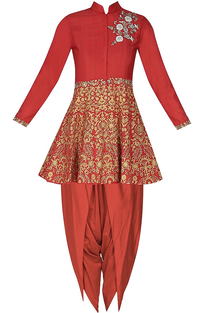 Red floral dabka, pearls and sequins embroidered short kurta and dhoti pants set available only at Pernia's Pop Up Shop.