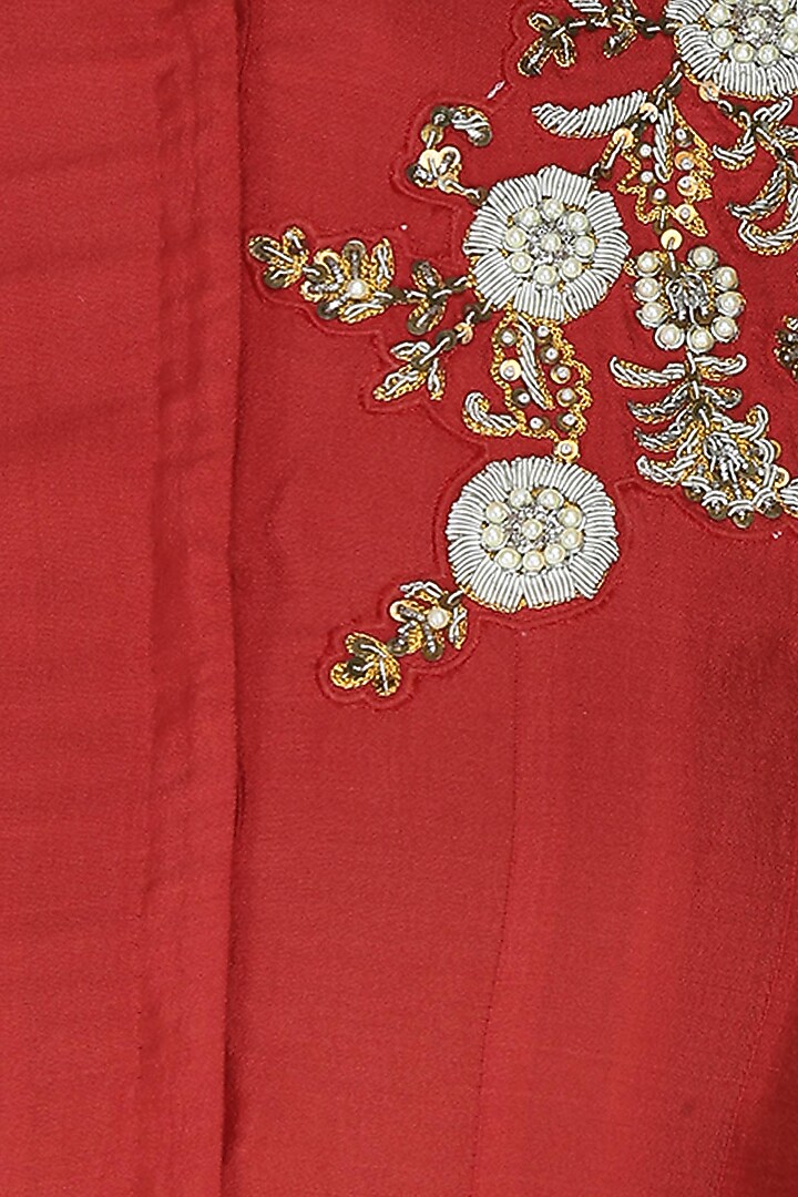 Red floral dabka, pearls and sequins embroidered short kurta and dhoti pants set available only at Pernia's Pop Up Shop.