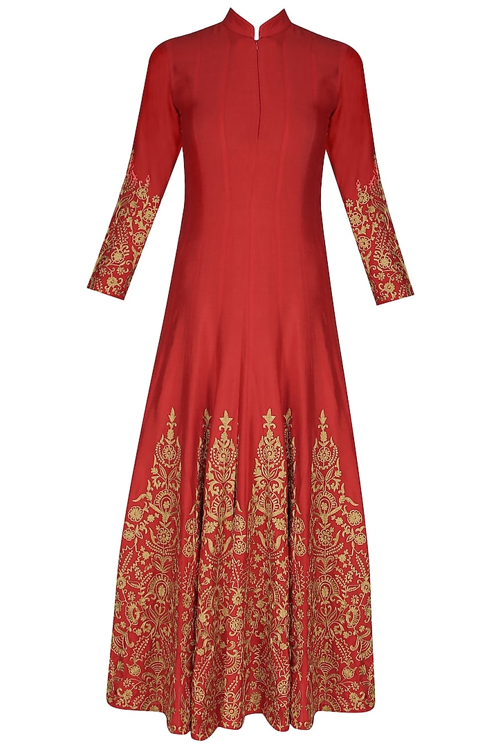Red and gold floral embroidered high collared flared anarkali set by Sonali Gupta