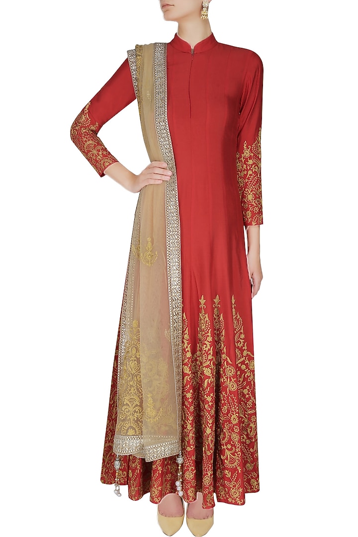 Red and gold floral embroidered high collared flared anarkali set available only at Pernia's Pop Up Shop.