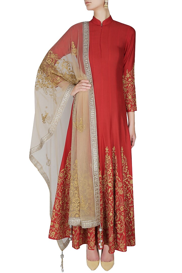 Red and gold floral embroidered high collared flared anarkali set available only at Pernia's Pop Up Shop.
