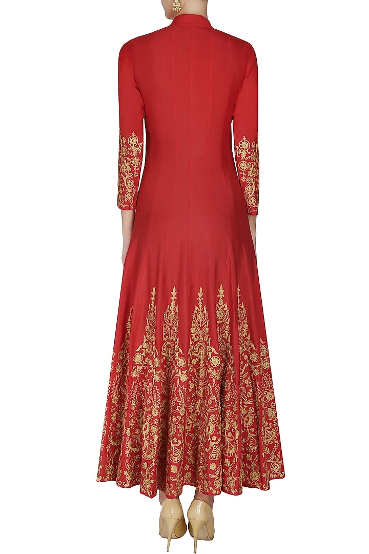 Red and gold floral embroidered high collared flared anarkali set available only at Pernia's Pop Up Shop.