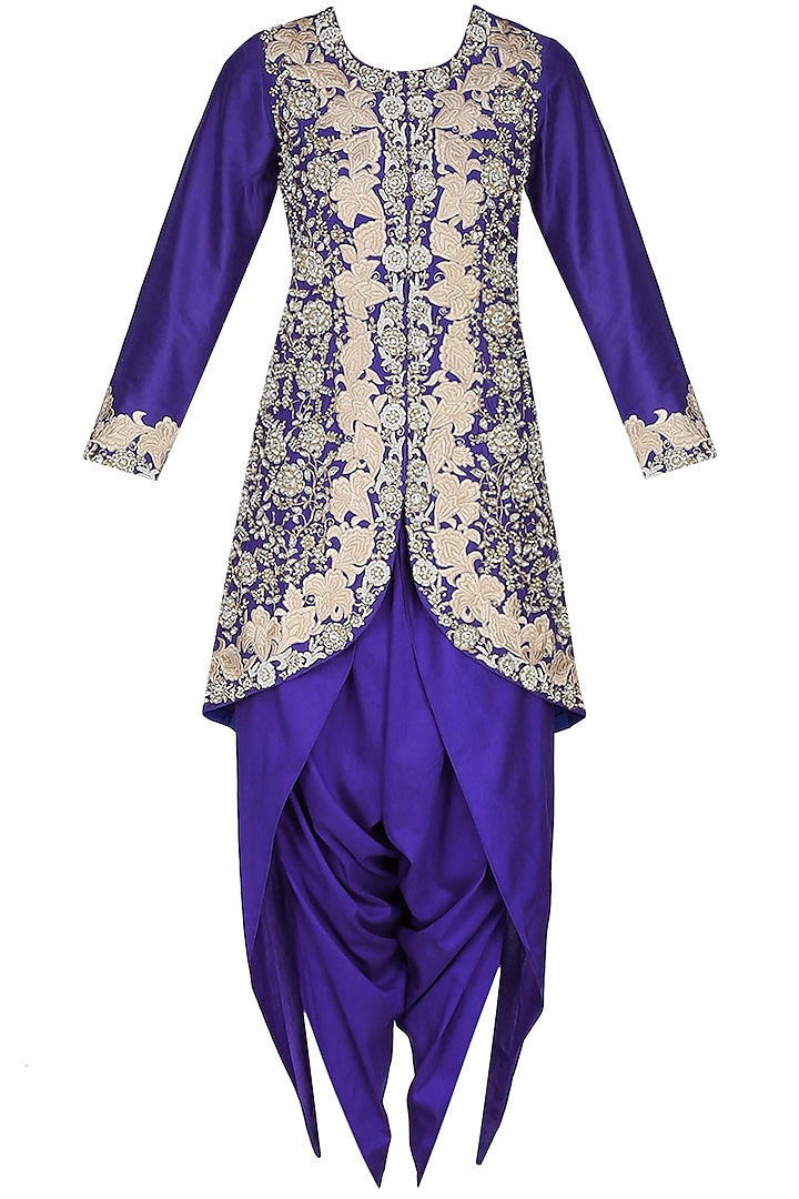 Blue floral pattern dabka, zari and pearl embroidered jacket and dhoti pants set by Sonali Gupta