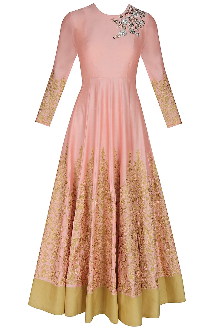 Peach and gold floral embroidered flared anarkali set by Sonali Gupta