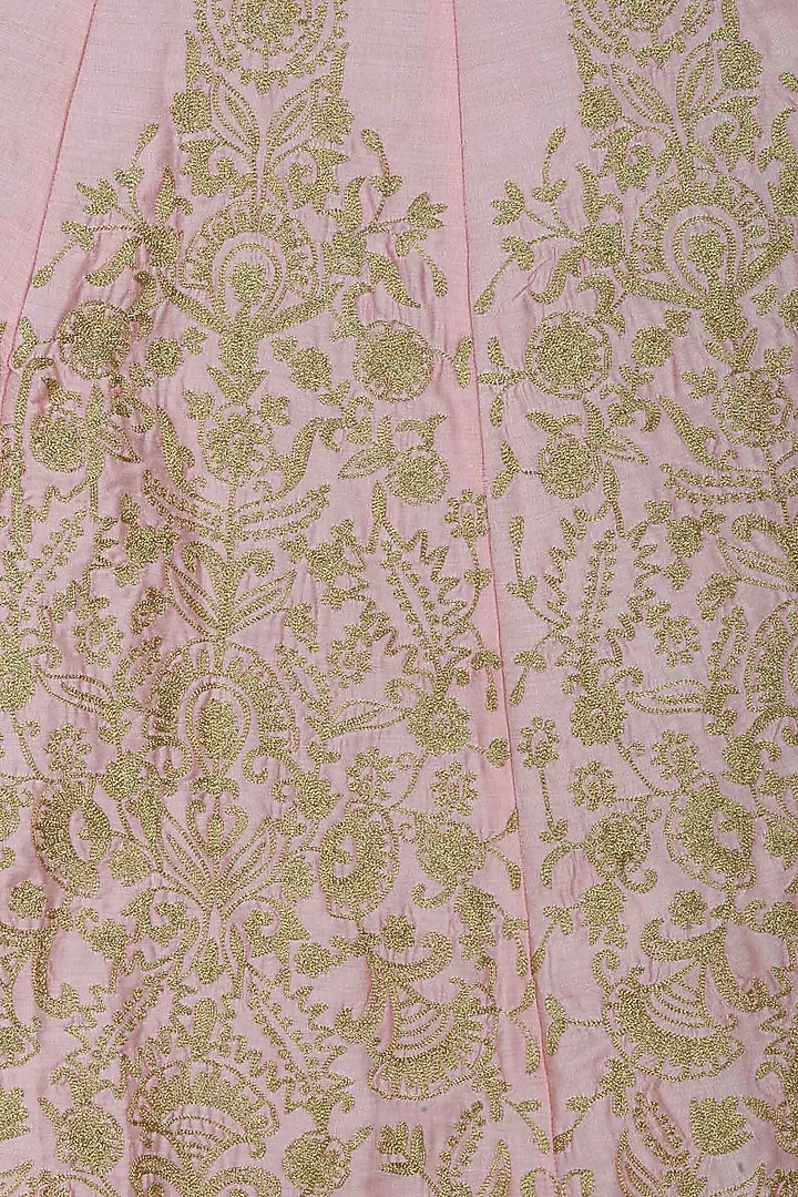 Peach and gold floral embroidered flared anarkali set available only at Pernia's Pop Up Shop.