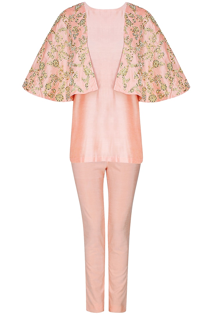 Peach floral embroidered cape attached top and pants set  by Sonali Gupta