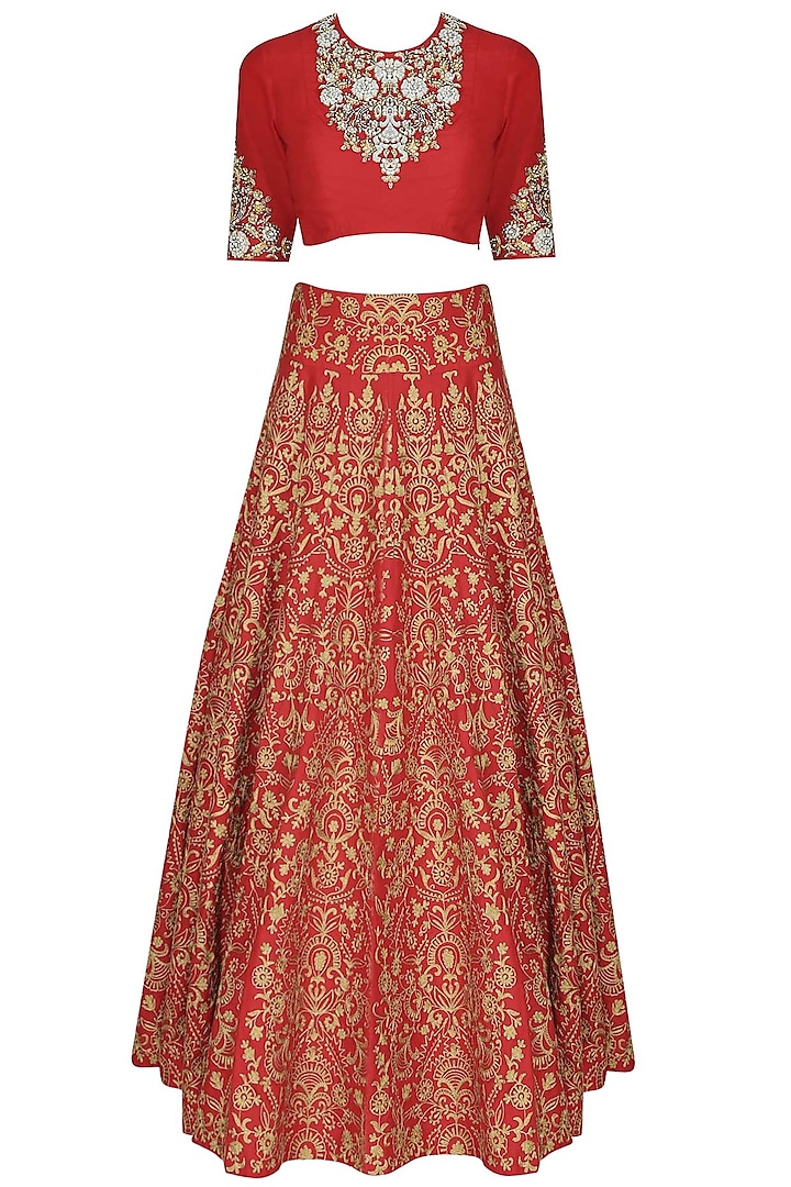 Red zari, pearls and sequins floral embroidered blouse and lehenga set by Sonali Gupta
