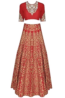 Red zari, pearls and sequins floral embroidered blouse and lehenga set ...