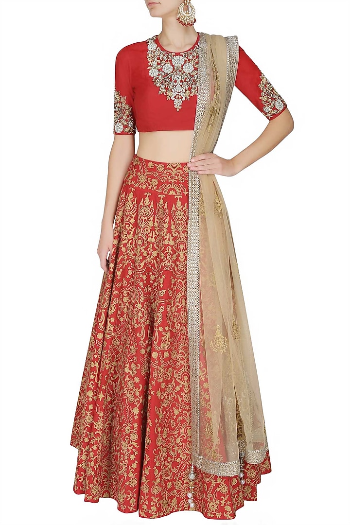 Red zari, pearls and sequins floral embroidered blouse and lehenga set available only at Pernia's Pop Up Shop.