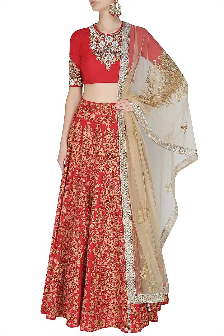 Red zari, pearls and sequins floral embroidered blouse and lehenga set available only at Pernia's Pop Up Shop.