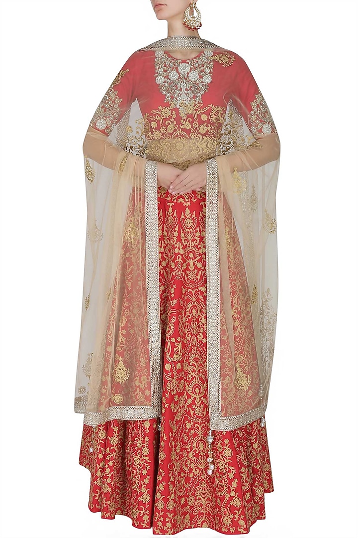 Red zari, pearls and sequins floral embroidered blouse and lehenga set available only at Pernia's Pop Up Shop.