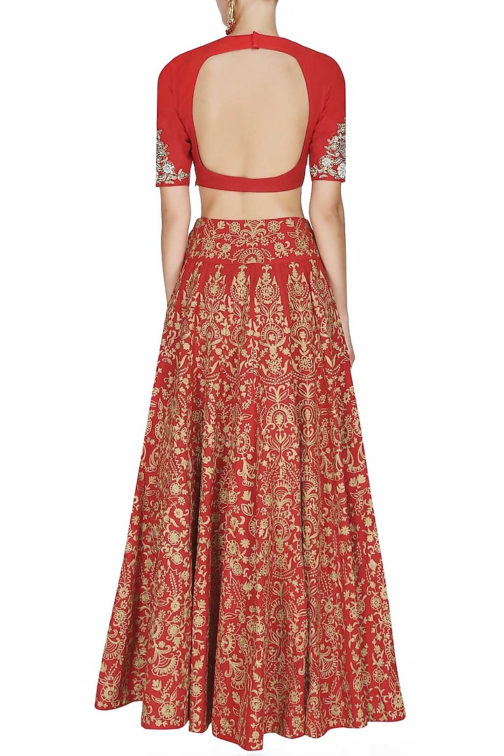 Red zari, pearls and sequins floral embroidered blouse and lehenga set available only at Pernia's Pop Up Shop.