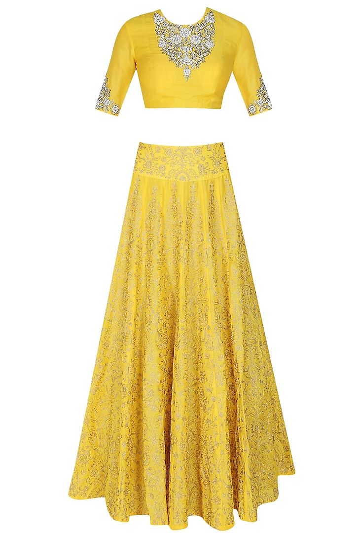 Yellow zari, pearls and sequins floral embroidered blouse and lehenga set by Sonali Gupta