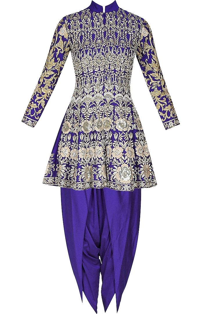 Blue floral pattern dabka, zari and pearl embroidered panelled jacket and dhoti pants set by Sonali Gupta