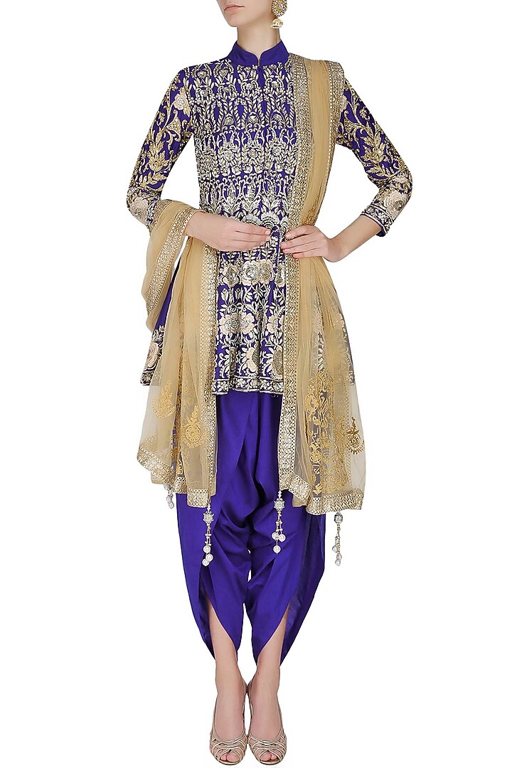 Blue floral pattern dabka, zari and pearl embroidered panelled jacket and dhoti pants set available only at Pernia's Pop Up Shop.