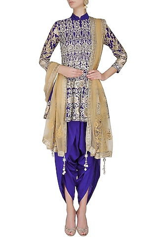 Blue floral pattern dabka, zari and pearl embroidered panelled jacket and dhoti pants set by Sonali Gupta