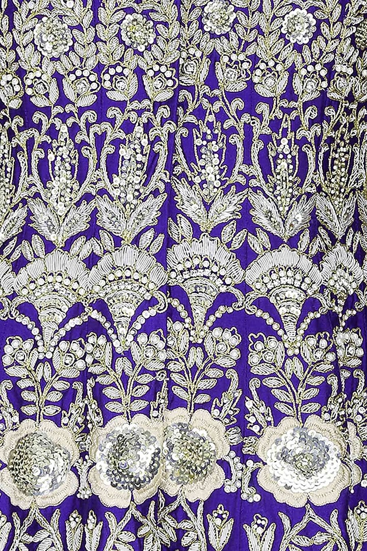 Blue floral pattern dabka, zari and pearl embroidered panelled jacket and dhoti pants set available only at Pernia's Pop Up Shop.