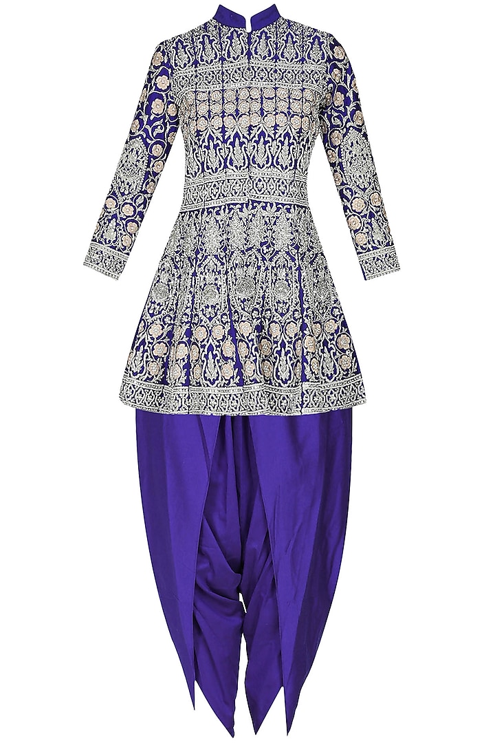 Blue floral pattern zari and pearl embroidered jacket and dhoti pants set by Sonali Gupta