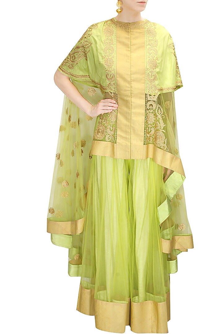 Green dabka embroidered cape with sharara available only at Pernia's Pop-Up Shop.