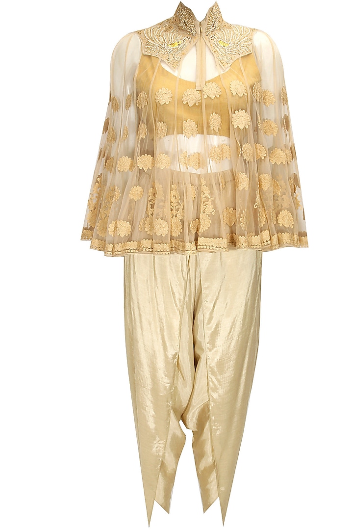 Beige dabka embroidered cape with dhoti pants by Sonali Gupta