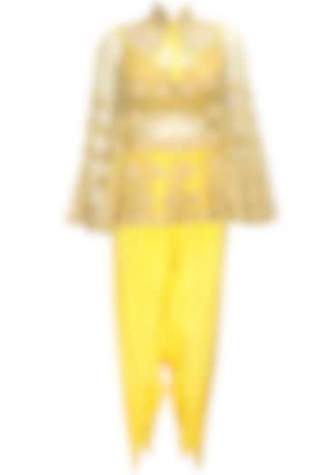 Yellow dabka embroidered cape with dhoti pants by Sonali Gupta