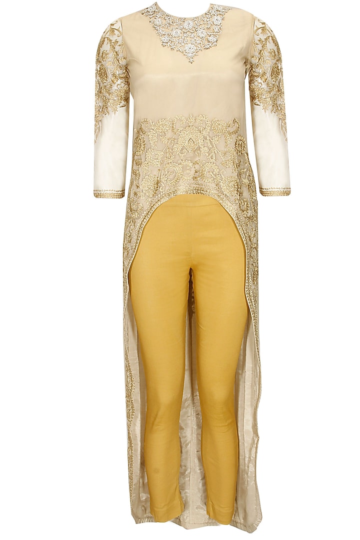 Beige dabka embroidered cape with pants by Sonali Gupta