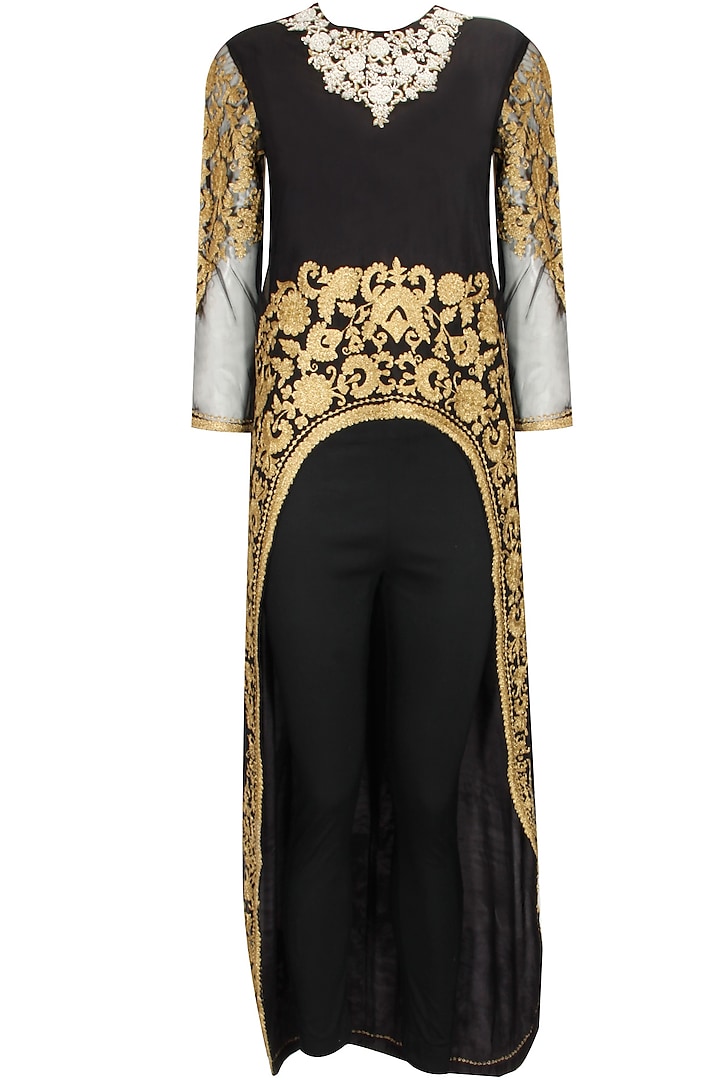 Black dabka embroidered cape with pants by Sonali Gupta