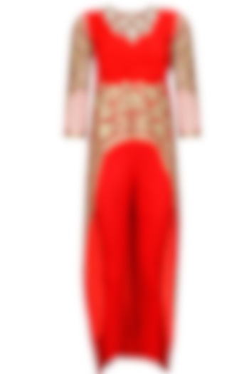 Red dabka embroidered cape with pants available only at Pernia's Pop-Up Shop.