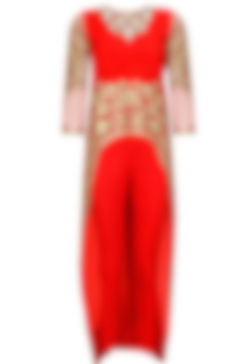 Red dabka embroidered cape with pants by Sonali Gupta