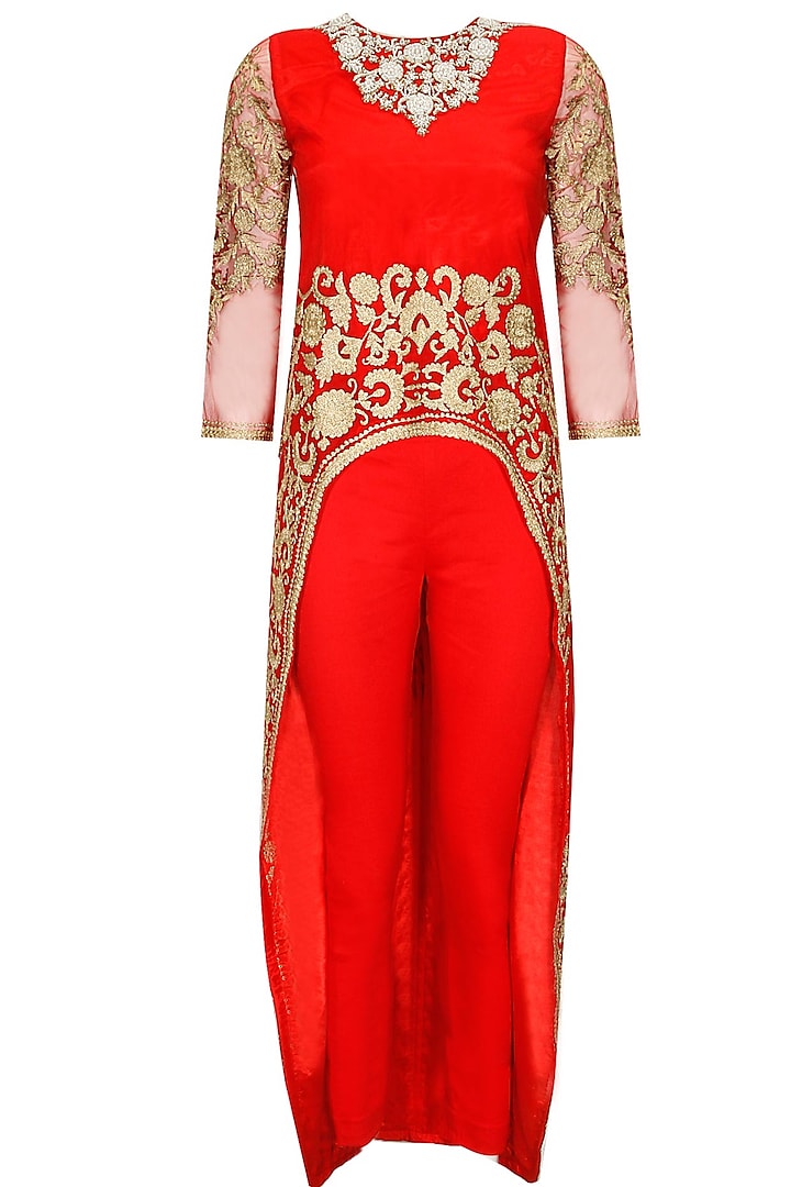 Red dabka embroidered cape with pants by Sonali Gupta