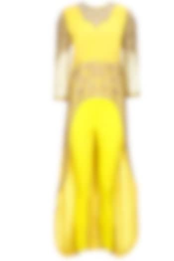 Yellow dabka embroidered cape with pants by Sonali Gupta
