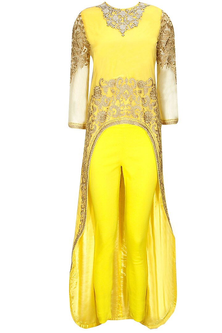 Yellow dabka embroidered cape with pants by Sonali Gupta