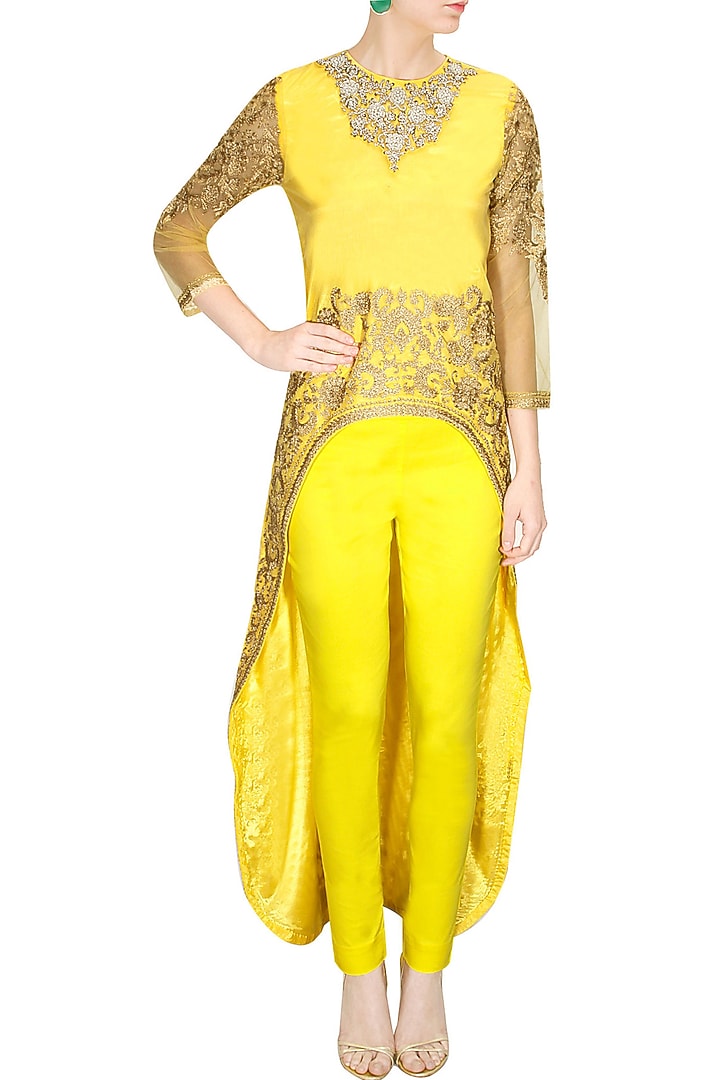Yellow dabka embroidered cape with pants available only at Pernia's Pop-Up Shop.