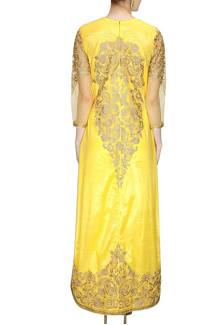 Yellow dabka embroidered cape with pants available only at Pernia's Pop-Up Shop.