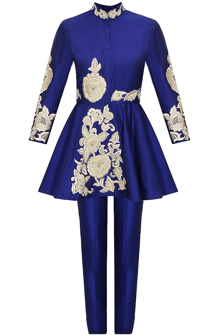 Blue dabka embroidered jacket with pants by Sonali Gupta