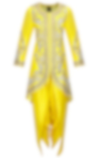 Yellow dabka embroidered jacket with dhoti pants by Sonali Gupta