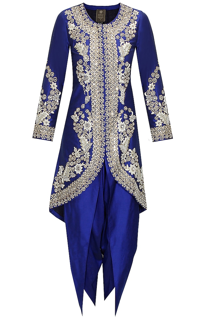 Blue dabka embroidered jacket with dhoti pants by Sonali Gupta
