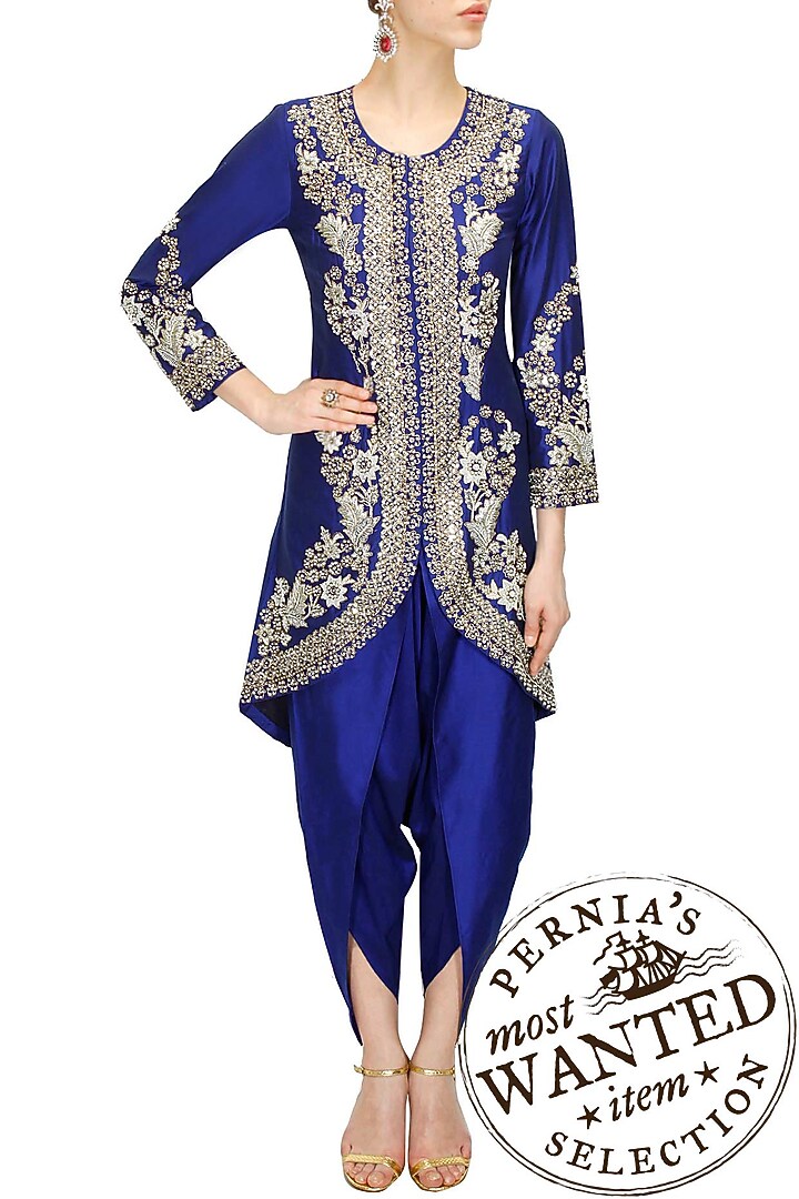 Blue dabka embroidered jacket with dhoti pants available only at Pernia's Pop-Up Shop.