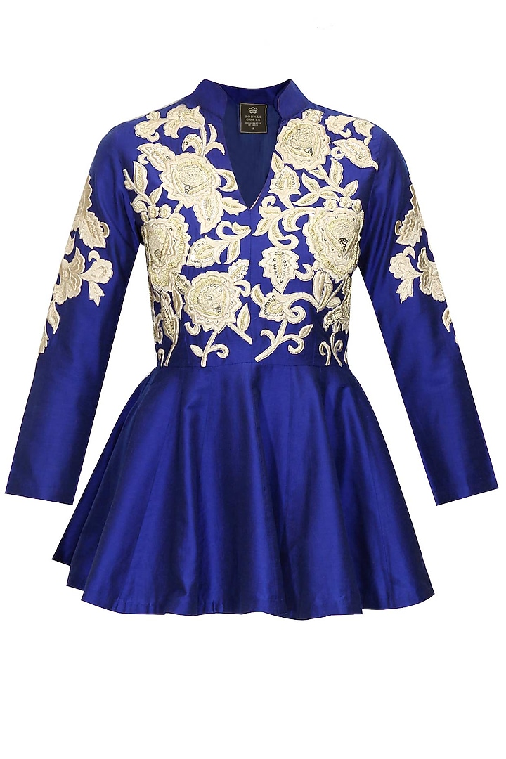 Blue dabka embroidered peplum kurta with dhoti pants available only at Pernia's Pop-Up Shop.